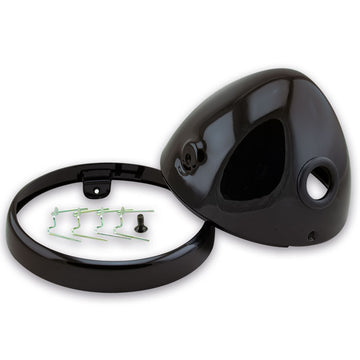 Scheinwerfergehäuse 7" – seitlich M8, Gehäuse/Ring/Schrauben/Klammern, Nevo Style, schwarz glanz