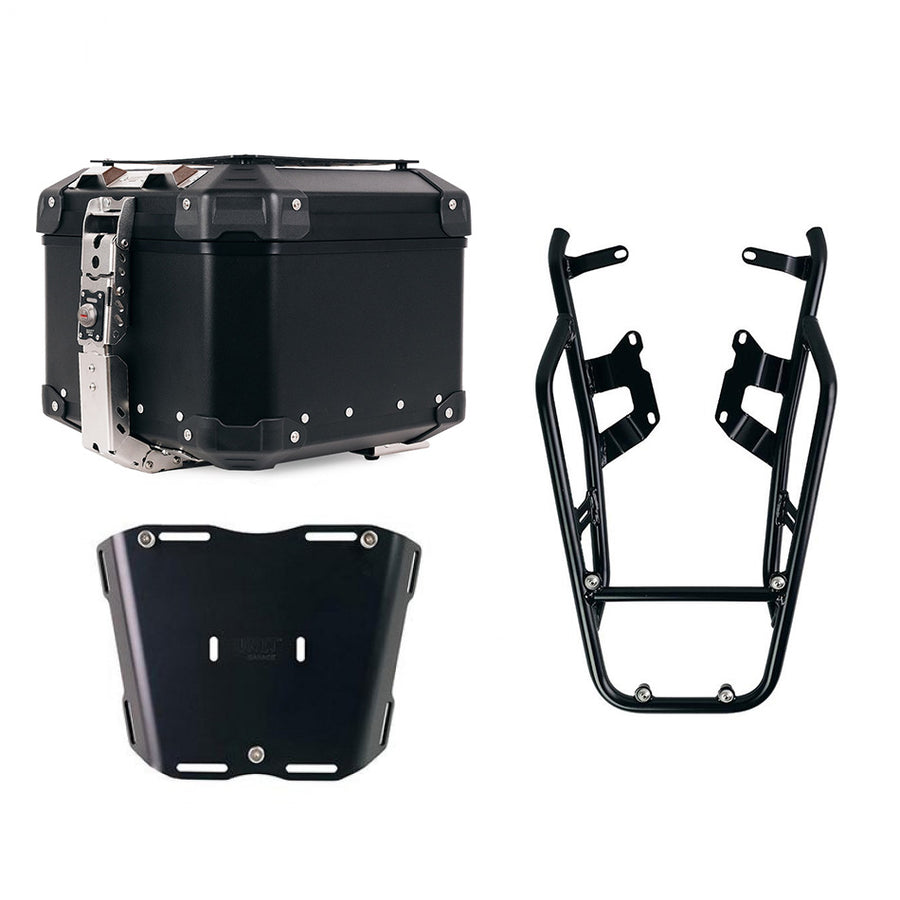 BMW R nineT 1200 Urban G/S (hoher Auspuff) [2017-2023] - Atlas 44L Universal-Aluminium-Topcase + NineT-Gepäckträger mit Soziusgriffen zur Befestigung der Topcaseplatte