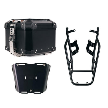 BMW R nineT 1200 Urban G/S (niedriger Auspuff) [2017-2023] - Atlas 44L Universal-Aluminium-Topcase + NineT-Gepäckträger mit Soziusgriffen zur Befestigung der Topcaseplatte